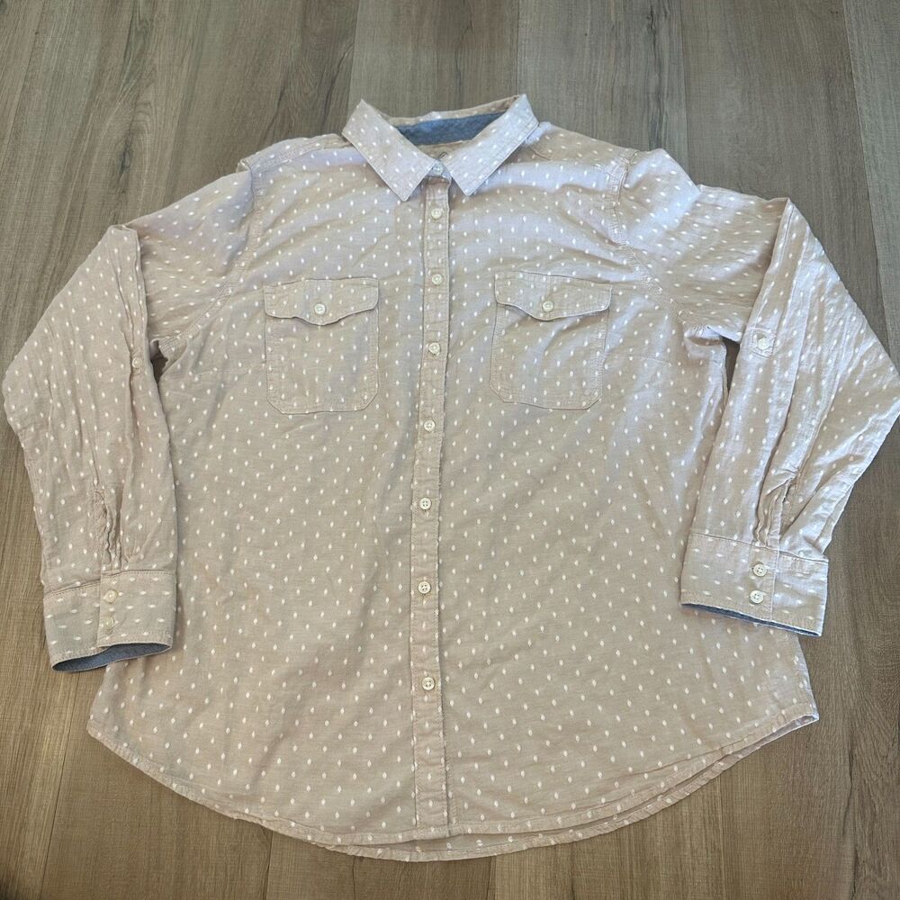 St. John's Bay Women's XL Long-Sleeve Button Up Beige White Diamond Polka Dot